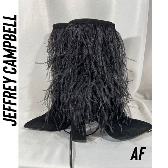 JEFFREY CAMPBELL SHAKE YA OSTRICH FEATHER BOOTS NEW BLACK - Picture 1 of 11